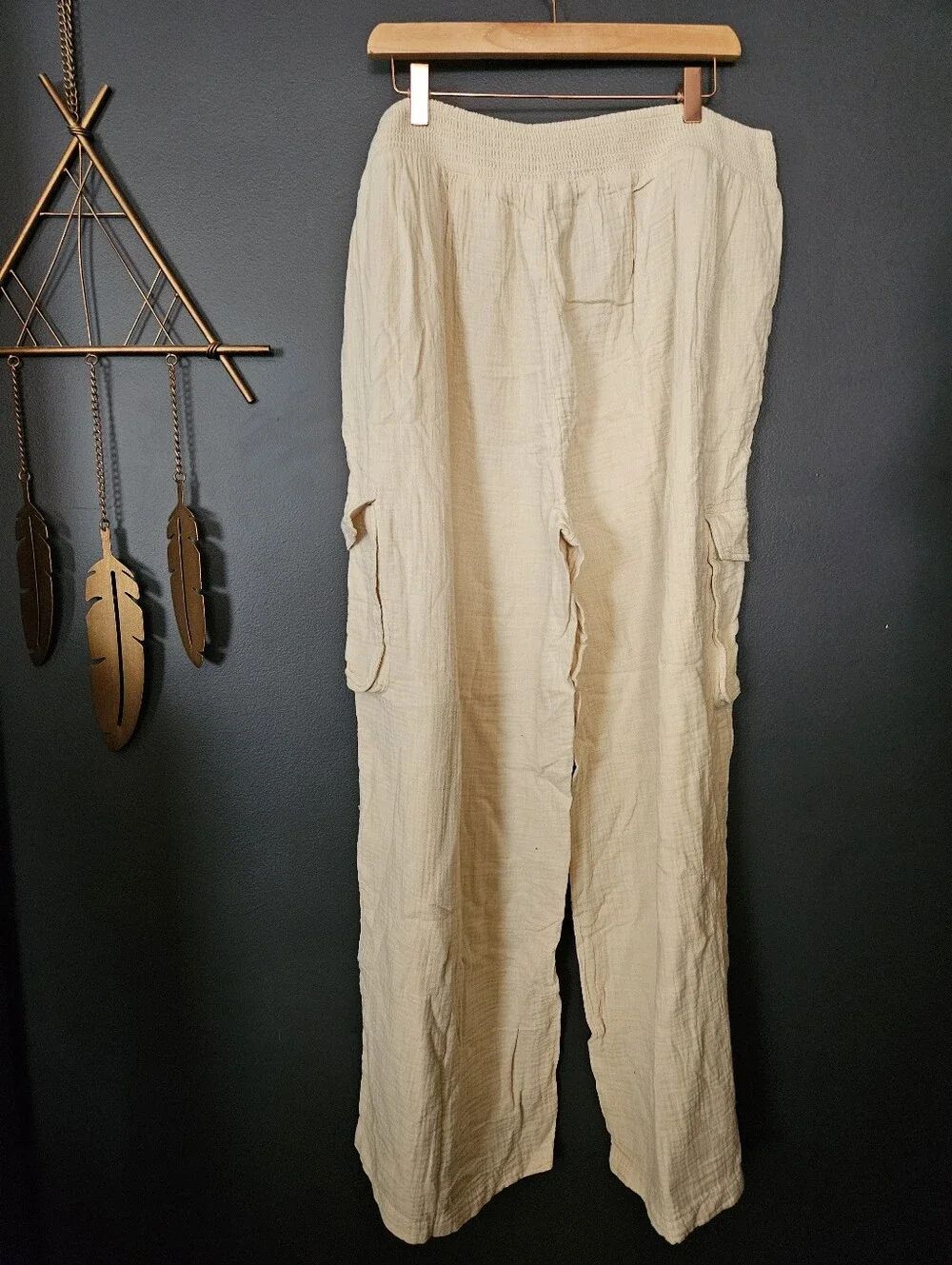 Aerie Cotton Gauze Wide Leg Cargo Pants Cream XL NWT - Picture 3 of 7